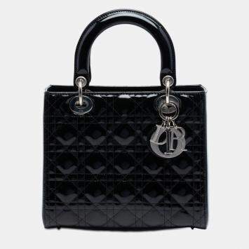 Pre Owned Dior Black Medium Patent Cannage Lady Dior