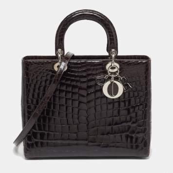 Pre Owned Dior Lady Dior Limited Edition 018 Large Dark Brown Shine Crocodile Tote