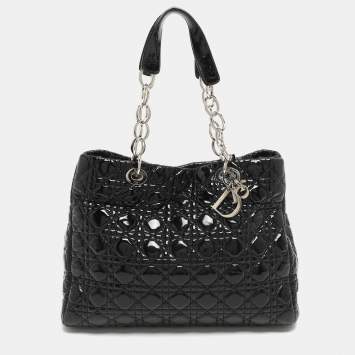 Pre Owned حقيبة يد توتس ديور ليدي ديور جلد كاناج أسود لامع كبيرة