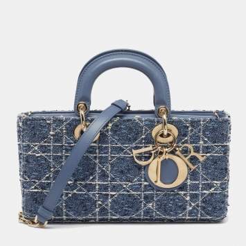 Pre Owned Dior Lady D-Joy Medium Blue Tweed and Leather Tote