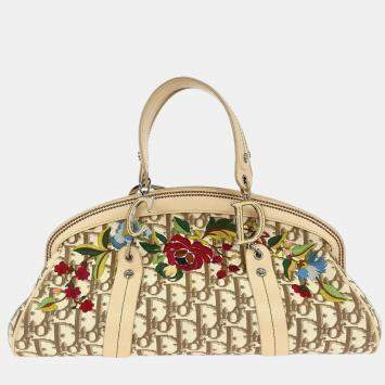 Pre Owned Christian Dior Beige Floral Embroidered Trotter Handbag