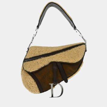Pre Owned Christian Dior Brown Shearling Lambskin Saddle Handbag