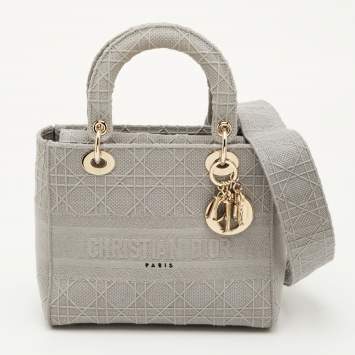 مملوكة مسبقًا Dior Lady D-Lite Medium Light Grey Cannage Embroidered Canvas Tote