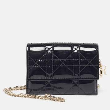 Pre Owned Dior Lady Dior Nano Black Cannage Patent Leather Chain Belt Pouch