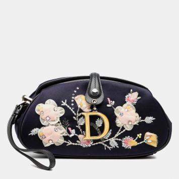 Pre Owned Dior Blue Limited Edition Satin Floral Beaded Embroidered Detective Clutch
