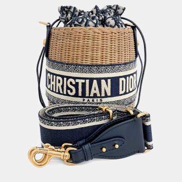 Pre Owned Dior Beige, Blue Canvas and Raffia Oblique Walker Bucket Bag