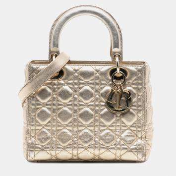 مملوكة مسبقًا Dior Gold Medium Metallic Lambskin Cannage Lady Dior
