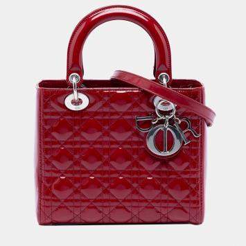 Pre Owned Dior Red Medium Patent Cannage Lady Dior
