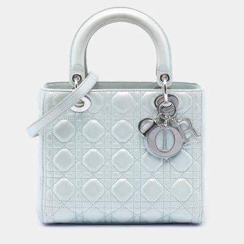 Pre Owned Dior Blue Medium Iridescent Lambskin Cannage Lady Dior