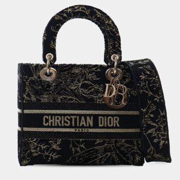 Pre Owned Dior Black Medium Embroidered Canvas Toile de Jouy Lady D Lite