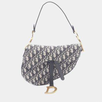 مملوكة مسبقًا Christian Dior Dior Saddle Bag Oblique Handbag Canvas Leather Ivory Navy
