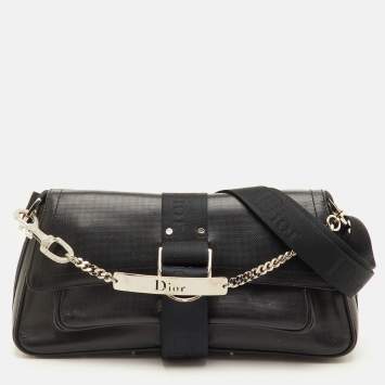 Pre Owned حقيبة كتف ديور جلد وقماش مطلي أسود شديد اللمعان مع غطاء قلاب