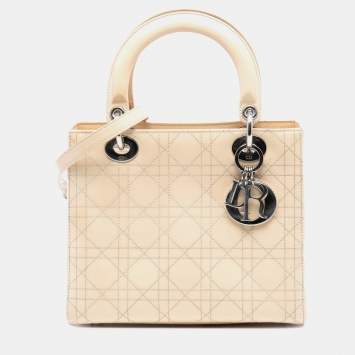 Pre Owned Dior Beige Medium Patent Cannage Stitched Lady Dior