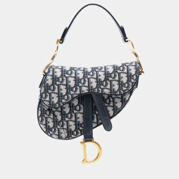 Pre Owned Dior Blue Mini Oblique Canvas Saddle Bag