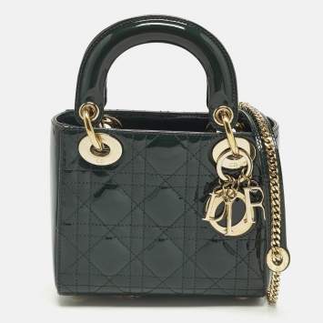 Pre Owned Dior Lady Dior Mini Green Cannage Patent Leather Tote