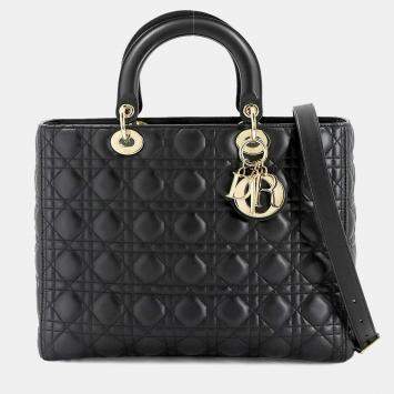 مملوكة مسبقًا Christian Dior Cannage Lady Large 2-Way Handbag In Black Leather