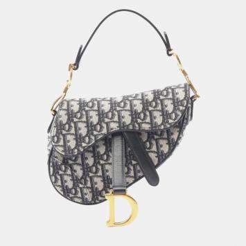Pre Owned Christian Dior Dior Saddle Bag Mini Oblique Jacquard Handbag Canvas Leather Ivory Navy