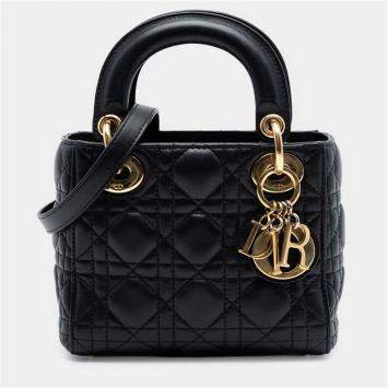 Pre Owned Christian Dior Lady Dior Mini Black Lambskin Cannage Top Handle Bag 