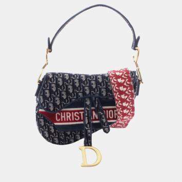 Pre Owned Dior Saddle Logo Embroidered Blue Canvas Shoulder Bag
