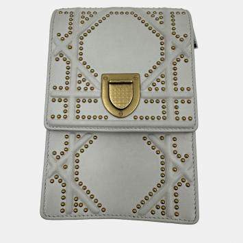 Pre Owned Dior White Leather Studded Diorama Vertical Chain Clutch