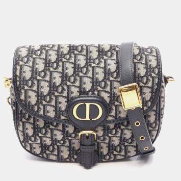 Pre Owned Dior Bobby Medium Blue Dior Oblique Jacquard Canvas Calfskin Leather Shoulder Bag
