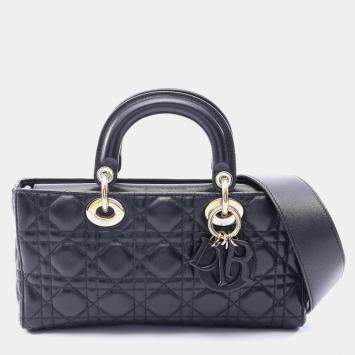 Pre Owned Dior Lady D -Joy Medium Black Cannage Lambskin Leather Top Handle Bag