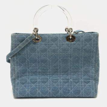 مملوكة مسبقًا Christian Dior Cannage Large Blue Denim Acrylic Top Handle Shoulder Tote Bag