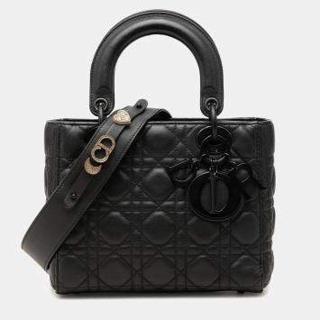 Pre Owned Dior My ABCDior Lady Dior Small Black Ultra Matte Calfskin Cannage Top Handle Bag