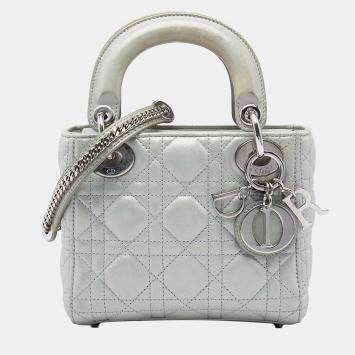 Pre Owned Dior Lady Dior Mini Silver Iridescent Lambskin Cannage Top Handle Bag