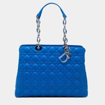 Pre Owned Christian Dior Lady Dior Large Blue Lambskin Leather Shopping Tote Bag