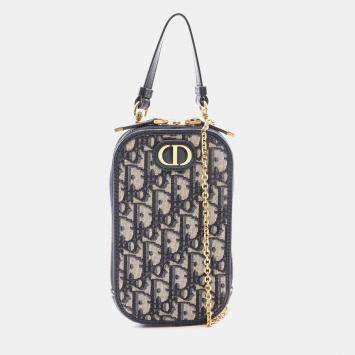 مملوكة مسبقًا Dior 30 Montaigne Call'in Dior Blue Oblique Jacquard Canvas Leather Phone Holder Bag