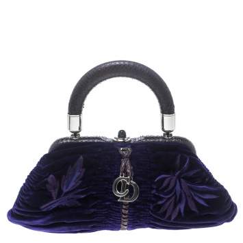 Pre Owned Dior Indigo Blue/Lilac Velvet and Snakeskin Top Handle Bag