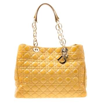 Pre Owned Dior Mustard Cannage Patent Leather Large Shopping Tote