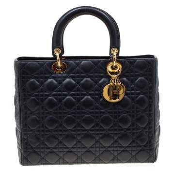 Pre Owned Dior Navy Blue Leather Large Lady Dior Tote