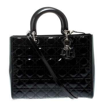 Pre Owned Dior Black Cannage Patent Leather Large Lady Dior Tote