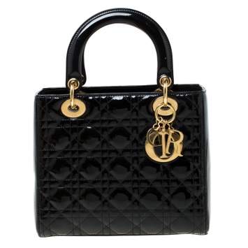 Pre Owned Dior Black Patent Leather Medium Lady Dior Tote