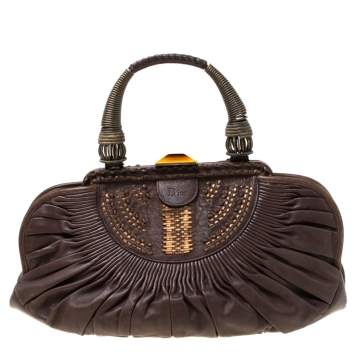 Pre Owned Dior Dark Brown Pleated Leather Medium Plisse Frame Bag