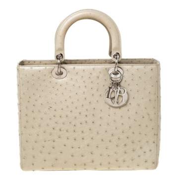 Pre Owned Dior Light Khaki Ostrich Leather Large Lady Dior Tote