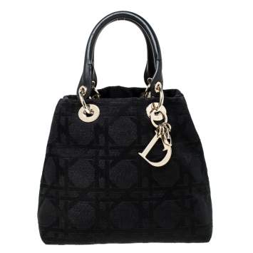 Pre Owned Dior Black Cannage Canvas Medium Lady Dior Tote
