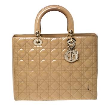 Pre Owned Dior Beige Cannage Patent Leather Large Lady Dior Tote