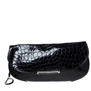 Pre Owned Dior Black Croc Embossed Patent Leather Oversized Wristlet Clutch