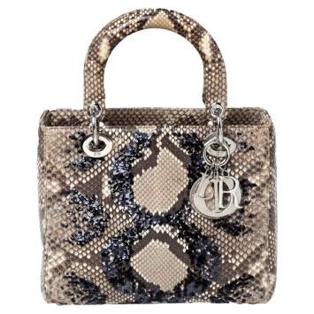 Pre Owned Dior Beige Python and Sequin Medium Lady Dior Tote