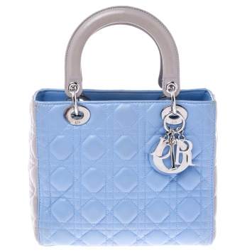 Pre Owned Dior Light Blue/Grey Leather Medium Lady Dior Tote