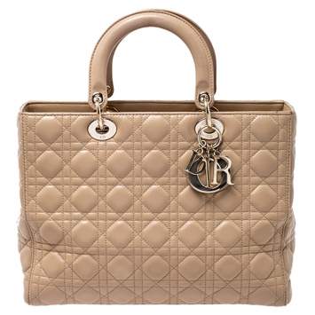 Pre Owned Dior Beige Cannage Quilted Leather Large Lady Dior Tote