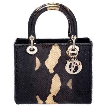 Pre Owned Dior Black Python Leather Medium Lady Dior Tote