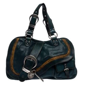 Pre Owned Dior Green Leather Large Gaucho Double Saddle Shoulder Bag