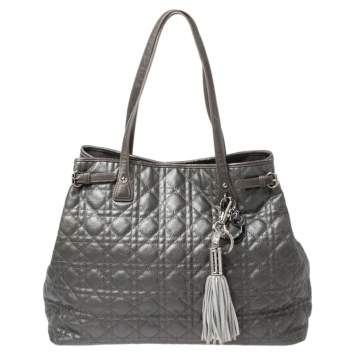 Pre Owned Dior Metallic Grey Cannage Coated Canvas Large Panarea Tote