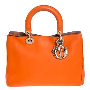 Pre Owned Dior Orange Leather Medium Diorissimo Shopper Tote