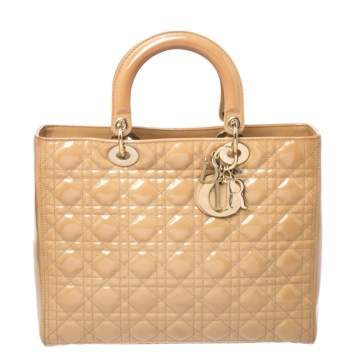 Pre Owned Dior Beige Cannage Patent Leather Large Lady Dior Tote