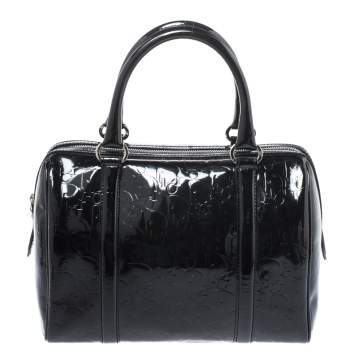 Pre Owned Dior Black Oblique Monogram Patent Leather Boston Bag